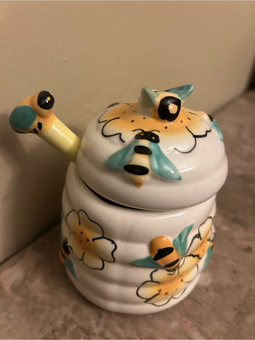 Hand-Painted Ceramic Bee Honey Pot - Yellow and Teal